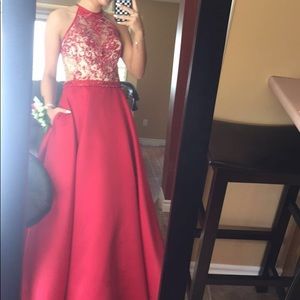 Red Halter Prom Dress with pockets